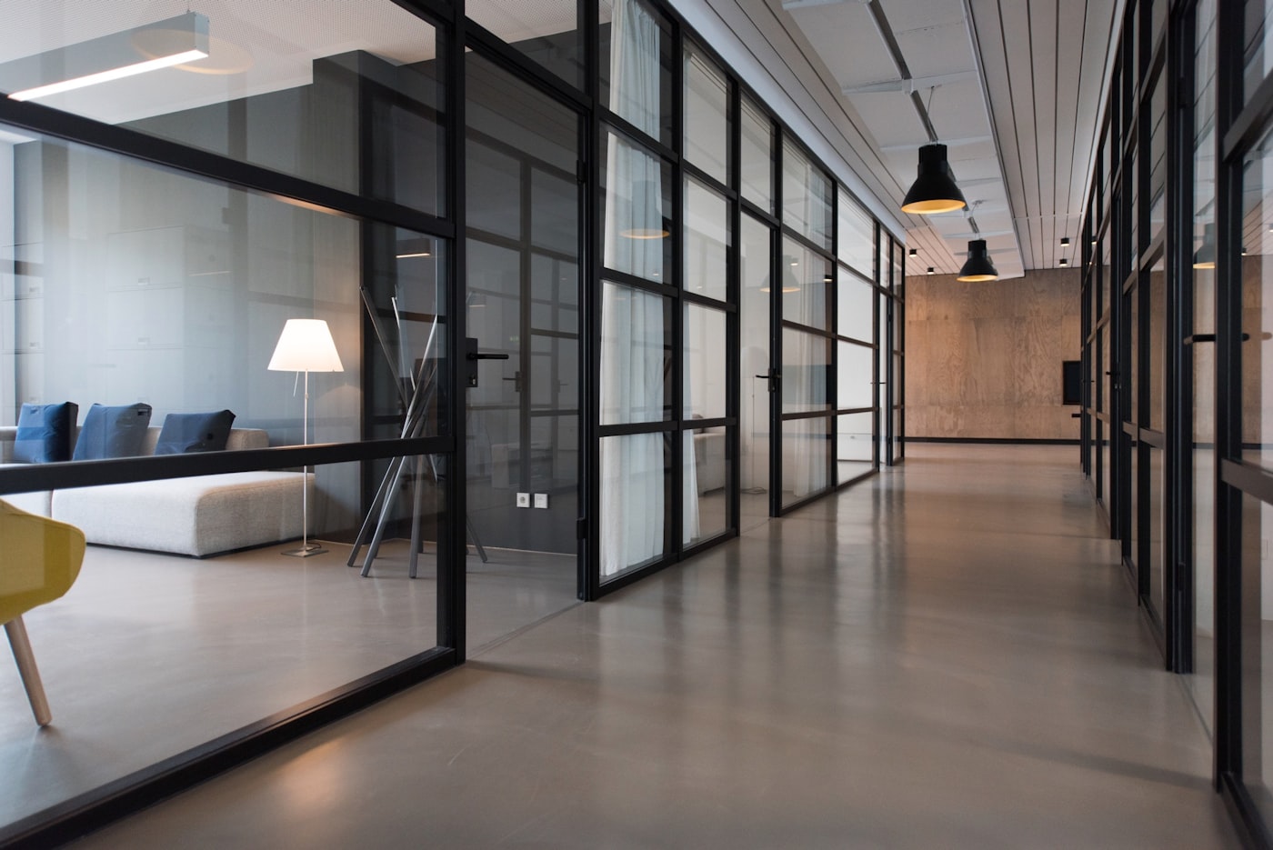 Commercial interior with black-framed glazing